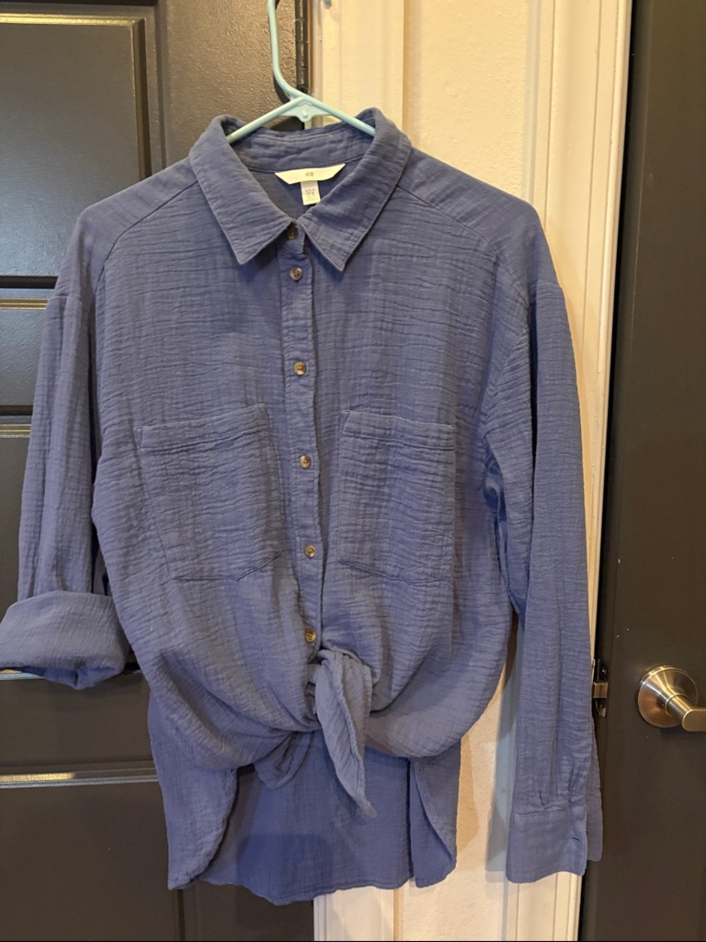 H&M Dusty Blue Button-Up Tie-Hem Shirt